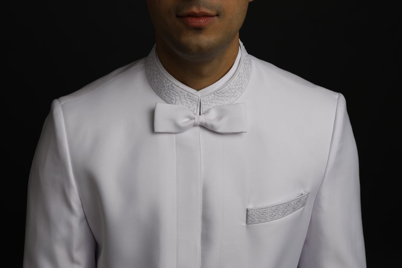 Designer Dagli with white geometry embroidery