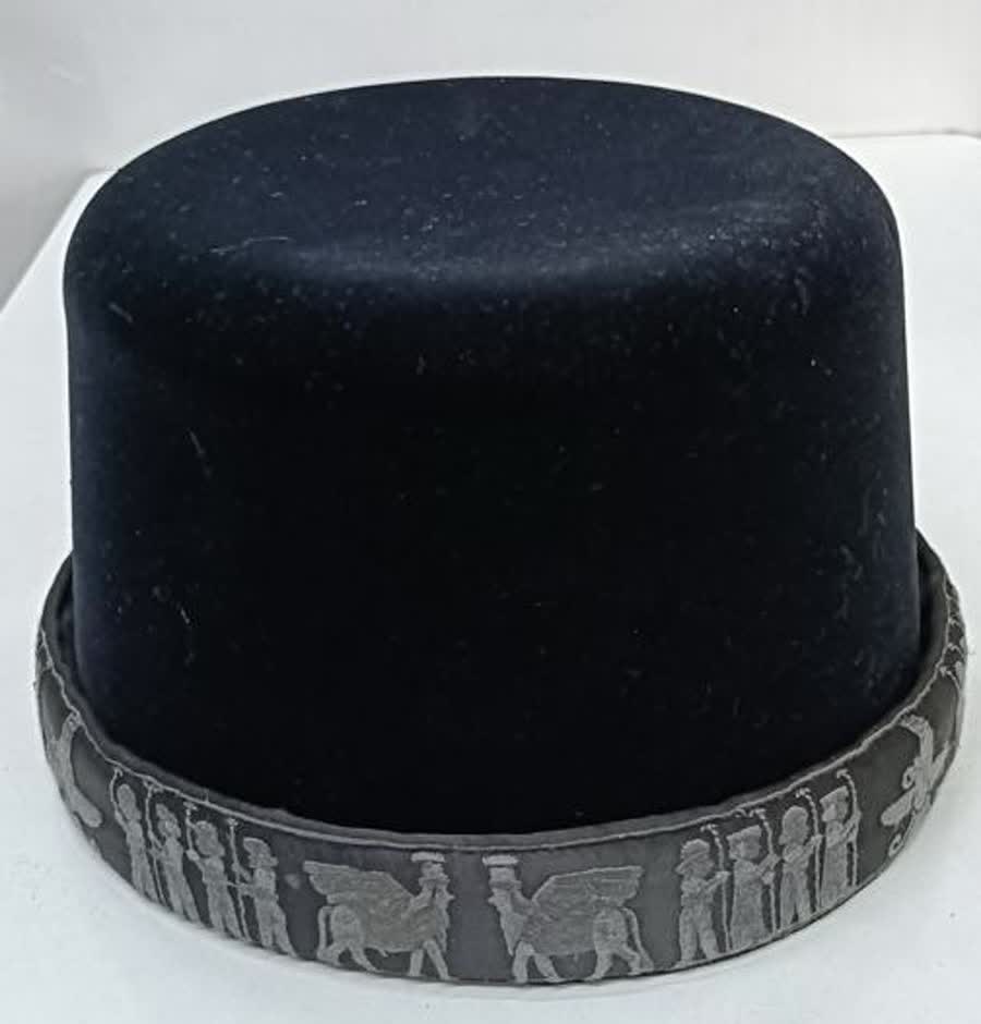 Clean product image of embroidered Parsi cap narrative border